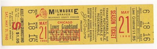 May 21, 1960 Milwaukee Braves vs. Cubs Full Ticket Ernie Banks HR 237