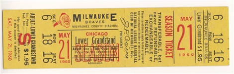 May 21, 1960 Milwaukee Braves vs. Cubs Full Ticket Ernie Banks HR 237