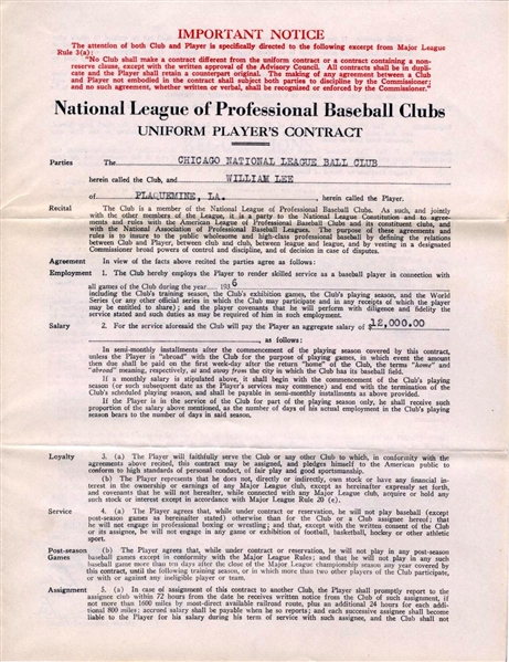Bill Lee Signed AUTO 1936 Chicago Cubs Baseball Contract w/ Phillip Wrigley 