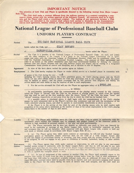 Clay Bryant Signed AUTO 1936 Chicago Cubs Baseball Contract w/ Phillip Wrigley