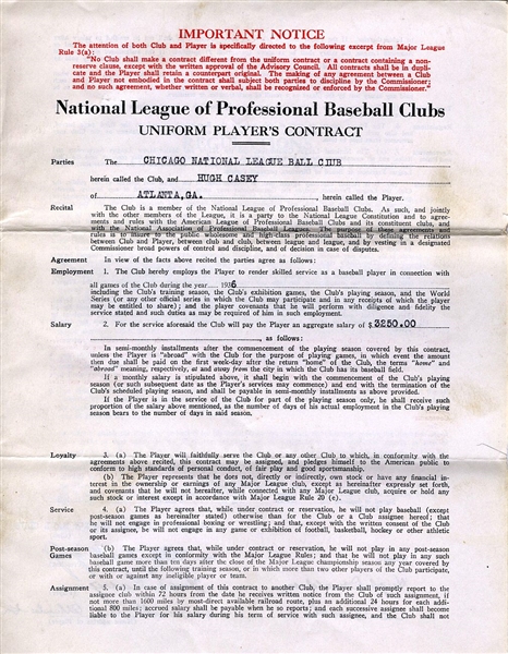 Hugh Casey (D.1951) Signed AUTO 1936 Chicago Cubs Baseball Contract w/ Phillip Wrigley