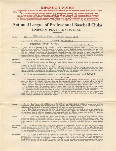 George Tuck Stainback Signed AUTO 1936 Chicago Cubs Baseball Contract w/ Phillip Wrigley
