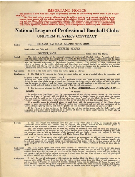 Ken Weafer Signed AUTO 1936 Chicago Cubs Baseball Contract w/ Phillip Wrigley 