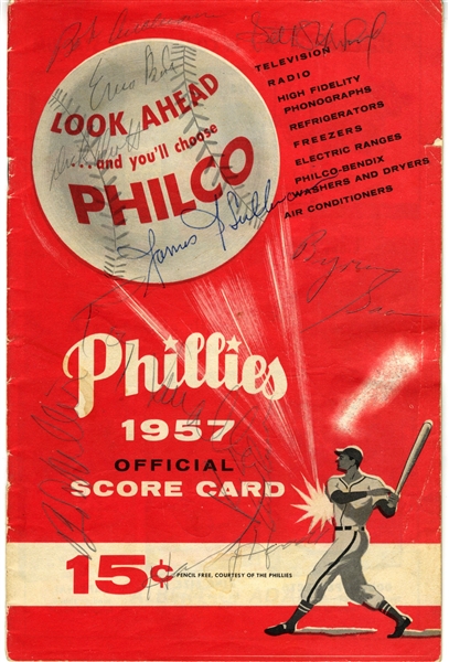 1957 Phillies vs Cubs Scorecard Program Signed AUTO by 20 Plus w/ By Byron Saam HOF