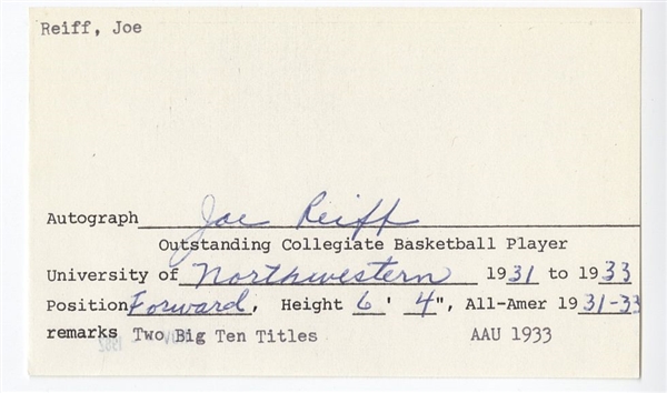 Joe Reiff 3 X All-American Basketball Player 1931 National Champs Northwestern Signed Information Card