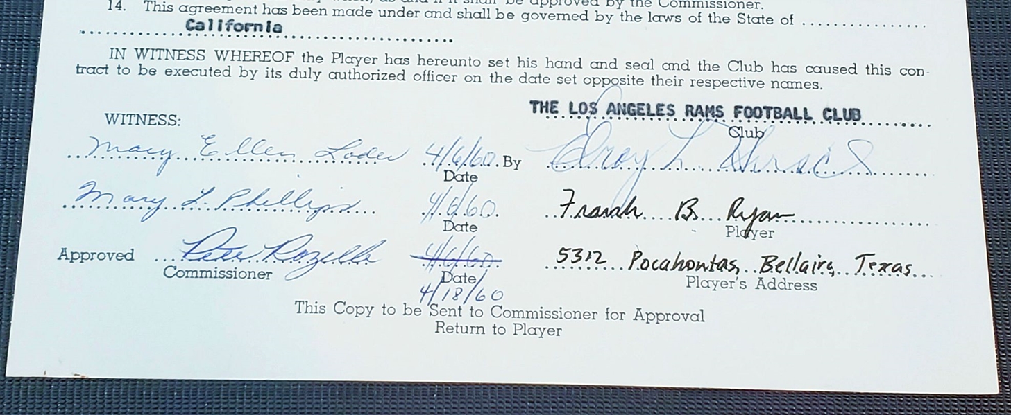 Frank Ryan Pete Rozelle & Crazy Legs Hirsch signed AUTO 1960 NFL L.A. Rams Contract