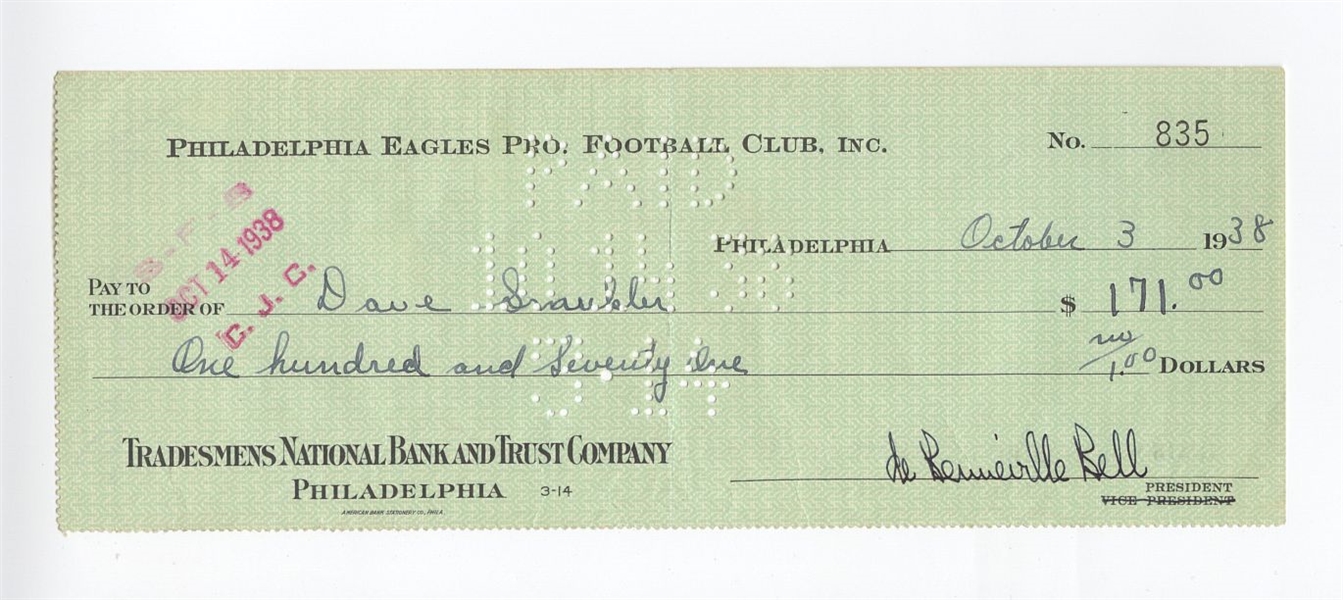 Bert Bell D.1959 FB HOF signed Eagles payroll check to Dave Smukler D.1971