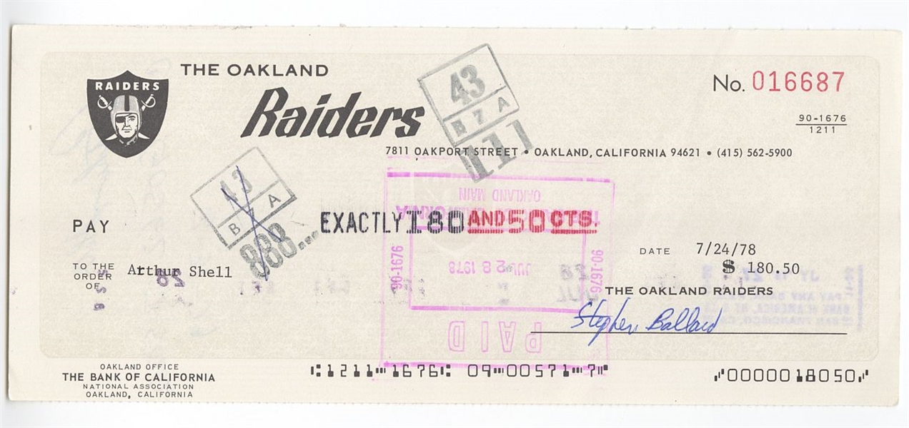 Art Shell Signed AUTO 1978 Oakland Raiders payroll Check Pro Football HOF
