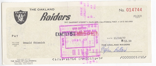 Don Shinnick Signed AUTO 1977 Oakland Raiders payroll Check 