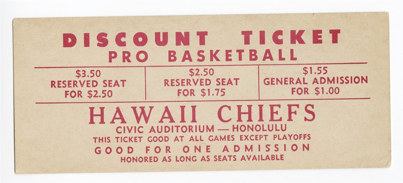 1961-62 Hawaii Chiefs ABL basketball FULL TICKET – Ultra RARE