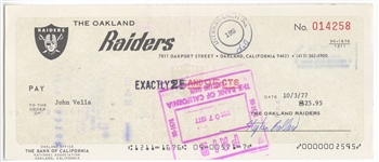 John Vella Signed AUTO 1977 Oakland Raiders payroll Check 