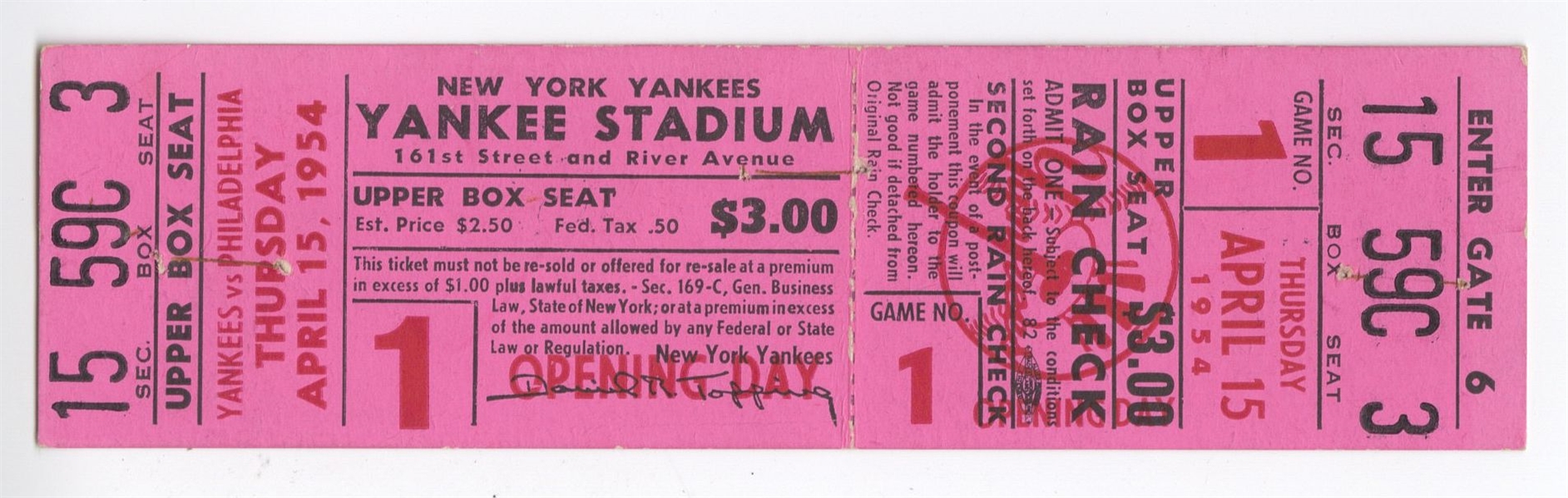 1954 New York Yankees vs Philadelphia Athletics Opening Day Full Ticket - Bauer HR