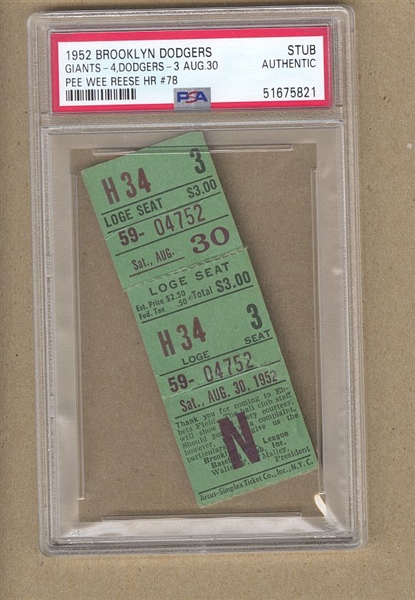 1952 Brooklyn Dodgers 3 vs New York Giants 4 Ticket Stub Pee Wee Reese HR #78 PSA