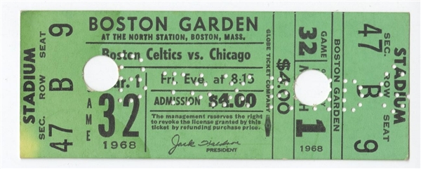 1968 Boston Celtics 94 Chicago Bulls 87 NBA Basketball Full ticket Bill Russell 23 TRBs