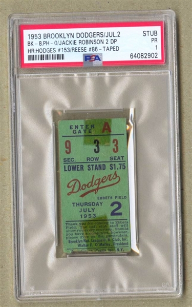 1953 Brooklyn Dodgers vs Phillies 7/2 ticket Stub Jackie Robinson 2 DP HR – Hodges #153 Reese #86 PSA