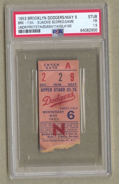 May 6, 1953 Brooklyn Dodgers vs. Cardinals Ticket Stub Jackie Robinson Under Protest Game PSA
