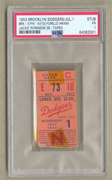 July 1, 1953 Brooklyn Dodgers vs Phillies ticket Stub Jackie Robinson Double Furillo #84 HR PSA