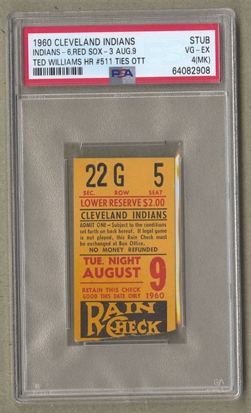1960 Ted Williams HR #511 ties Mel Ott Cleveland Indians vs Red Sox Aug 9 Ticket Stub PSA – Pop 1