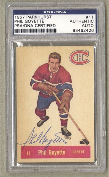 1957-58 Parkhurst #11 Phil Goyette Signed AUTO hockey card PSA/DNA 