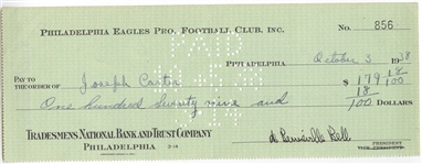 Bert Bell D.1959 FB HOF signed Eagles payroll check to Joe Carter D.1991