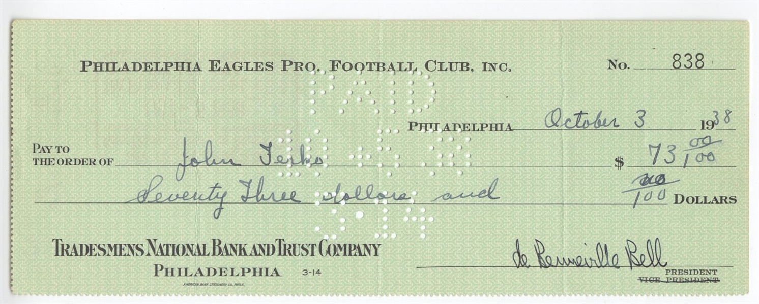 Bert Bell D.1959 FB HOF signed Eagles payroll check to John Fritz Ferko D. 1974