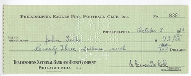 Bert Bell D.1959 FB HOF signed Eagles payroll check to John Fritz Ferko D. 1974