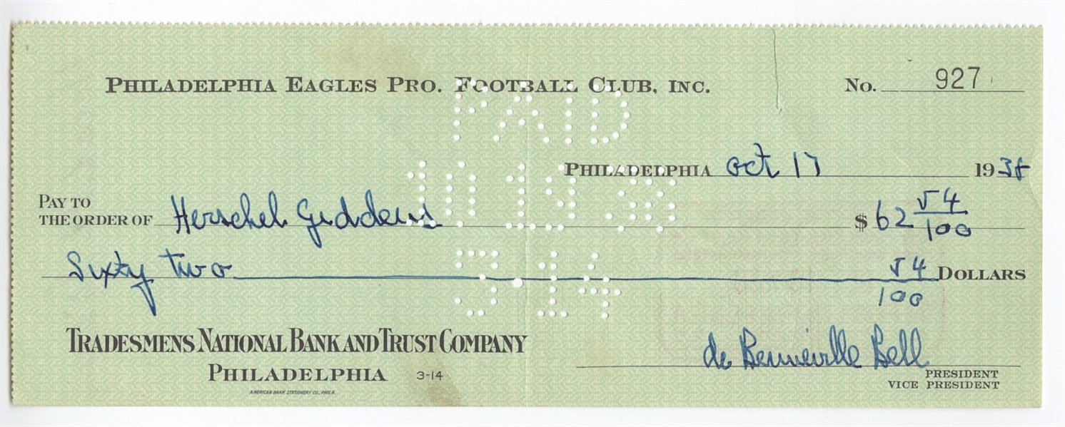 Bert Bell D.1959 FB HOF signed Eagles payroll check to Herschel Wimpy Giddens D.59