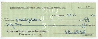 Bert Bell D.1959 FB HOF signed Eagles payroll check to Herschel Wimpy Giddens D.59