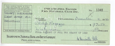 Bert Bell D.1959 FB HOF signed Eagles payroll check to Phil Ragazzo 