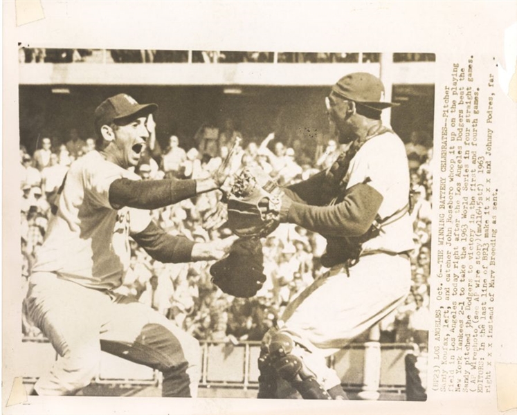 Sandy Koufax & Catcher John Roseboro Celebrate Winning 1963 World Series Original Associated Press Photo