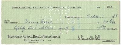 Bert Bell D.1959 FB HOF signed Eagles payroll check to Henry Reese