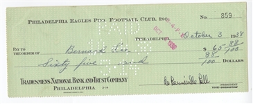 Bert Bell D.1959 FB HOF signed Eagles payroll check to Bernie Lee