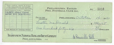 Bert Bell D.1959 FB HOF signed Eagles payroll check to Les McDonald D.1971