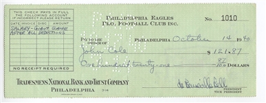Bert Bell D.1959 FB HOF signed Eagles payroll check to John Cole D. 1973