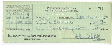 Bert Bell D.1959 FB HOF signed Eagles payroll check to Frank Emmons