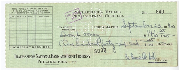 Bert Bell D.1959 FB HOF signed Eagles payroll check to Don Looney father of Joe Don
