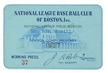 1937 Boston Braves Bees Season Pass Ticket – Vince DiMaggio MLB Debut