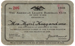 1938 New York Yankees Season Pass World Series Champs – Lou Gehrig 15 HR’s – Joe Gordon Rookie Year