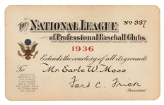 1936 National League Season Pass Ticket – Walt Alston & Johnny Mize MLB Debuts 