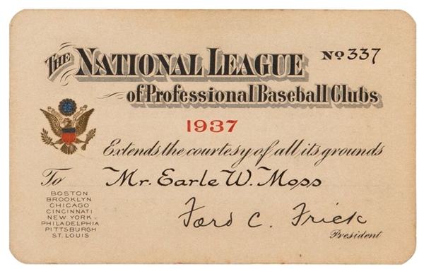 1937 National League Season Pass Ticket – Vince DiMaggio & Johnny Vander Meer MLB Debuts – Frankhouse No-Hitter