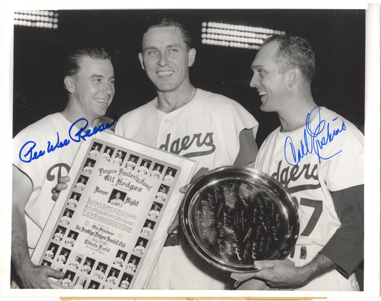 1957 Brooklyn Dodgers Gil Hodges Night Original TYPE 1 photo Signed AUTO by Pee Wee Reese & Carl Erskine JSA COA
