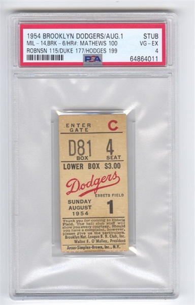 1954 Brooklyn Dodgers vs Mil Braves 8/1 – Home Runs Eddie Mathews #100 Jackie Robinson Snider Hodges Ticket Stub PSA 
