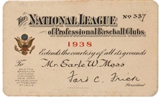 1938 National League Season Pass Ticket –Enos Slaughter MLB Debut – Babe Ruth coaching Debut