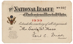 1939 National League Season Pass Ticket – First Televised Game in MLB history Baseball Centennial