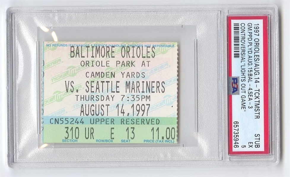 1997 Cal Ripken Jr. “Lights Out Game” Orioles vs. Mariners 8/14 Ticket Stub PSA 5