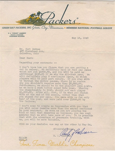 Curly Lambeau Typed Letter Signed AUTO 1940 Green Bay Packers Letterhead PSA/DNA LOA
