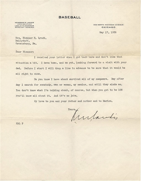 Kenesaw Landis D.1944 Typed letter Signed AUTO GRADE 9 Baseball HOF PSA/DNA LOA