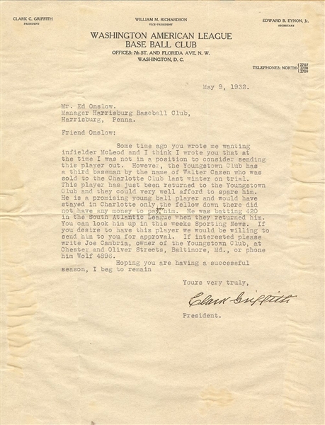 Clark Griffith Typed Letter Signed AUTO Washington Senators D.1955 PSA/DNA LOA