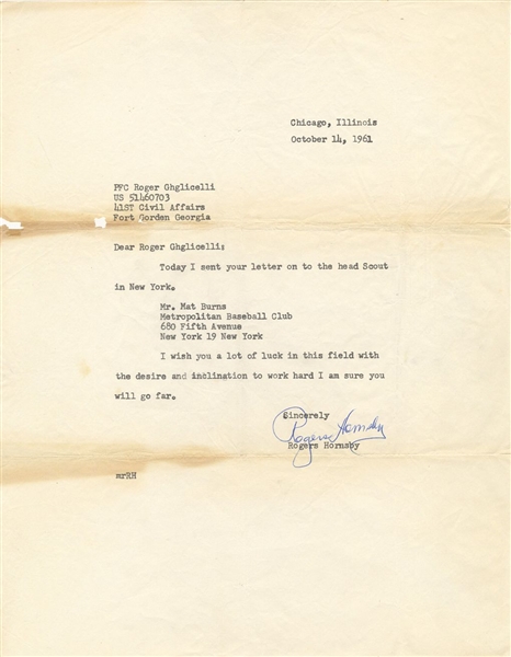 Rogers Hornsby Signed AUTO Grade 9 Letter Baseball HOF D.1963 PSA/DNA 