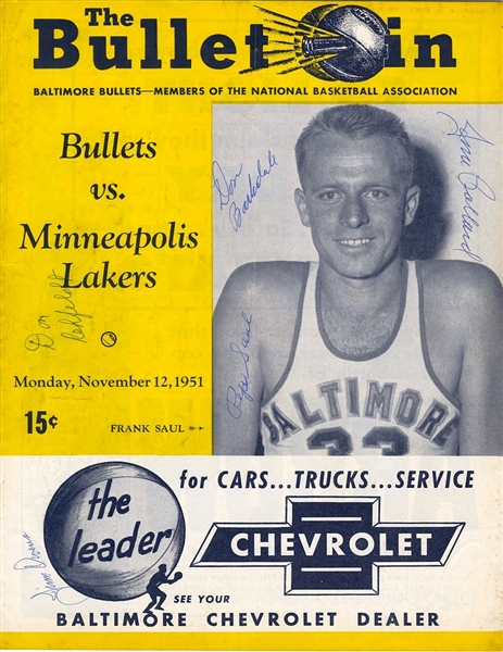 1951 Baltimore Bullets vs Minneapolis Lakers 11/12 Multi-Signed AUTO program /w Don Barksdale